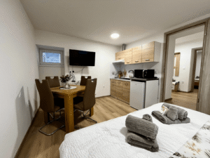 Osrednji prostor z osnovno opremljeno kuhinjo, jedilnim kotičkom, zakonsko posteljo v Apartmaju Center Ljutomer za 4 osebe.